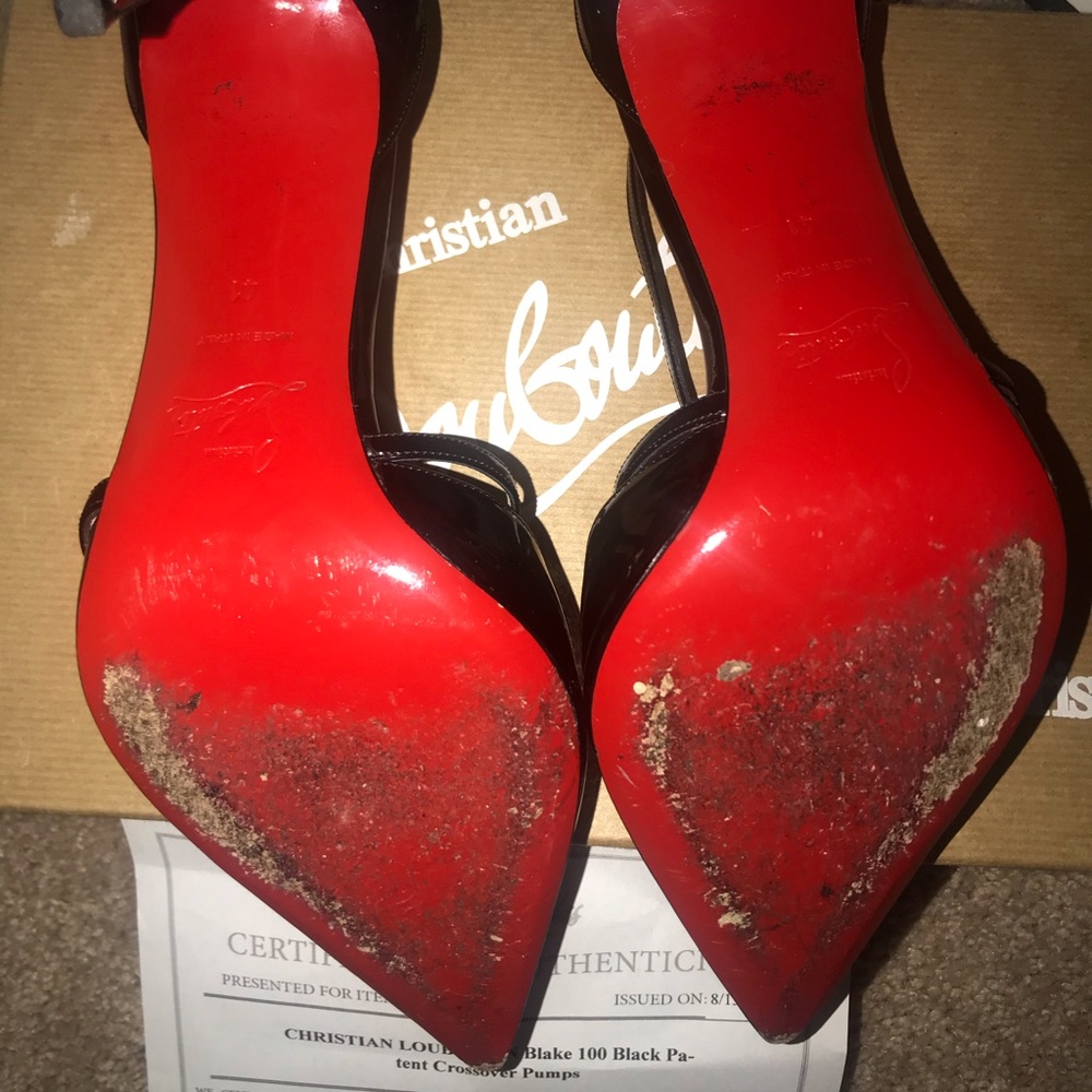 Christian Louboutin Black Patent Leather Pointed Toe Pumps with Red Soles - Picture 10 of 14